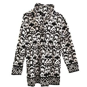 Style&co Button Front Tunic Top Black‎ White Print Long Sleeve Collared Size MP